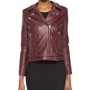 IRO Jone Lambskin Leather Moto Biker Zip Jacket Burgundy Purple Red Casual
